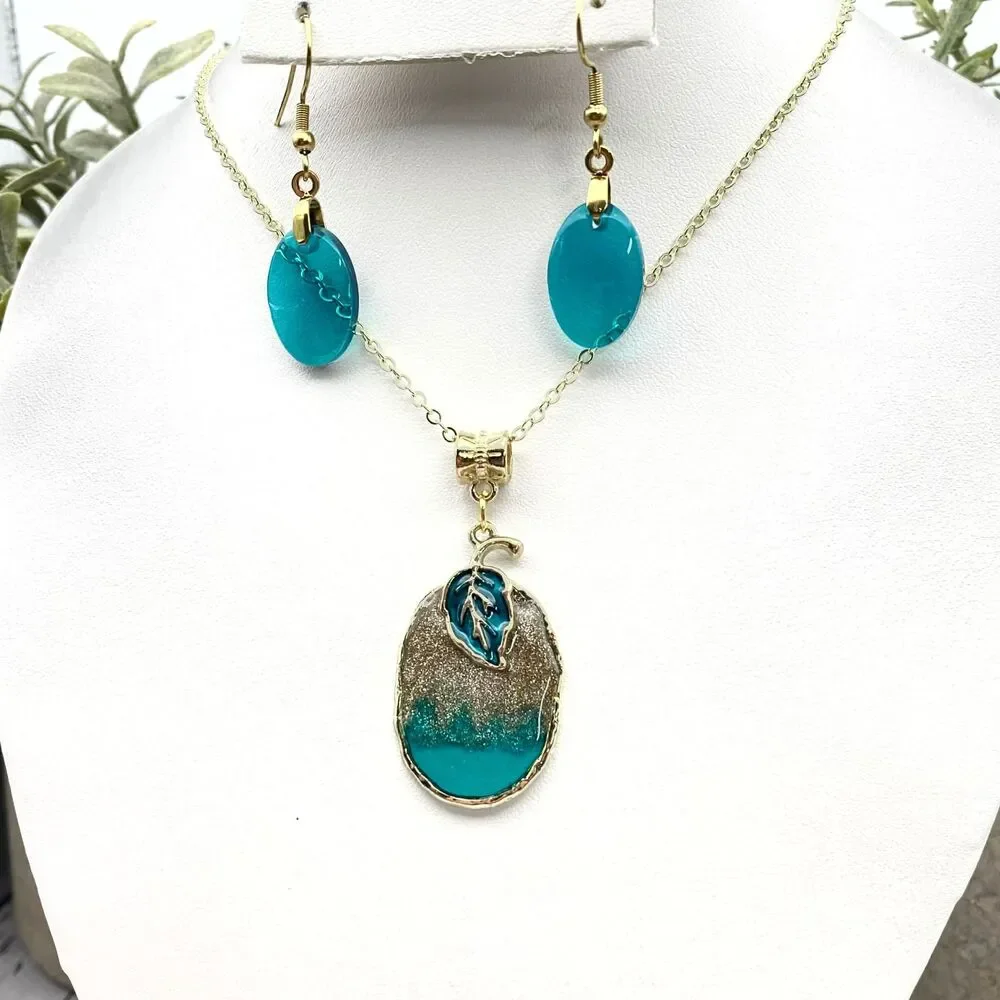 One-of-a-Kind Teal & Gold Resin Pendant Necklace Set with Matching Earrings
